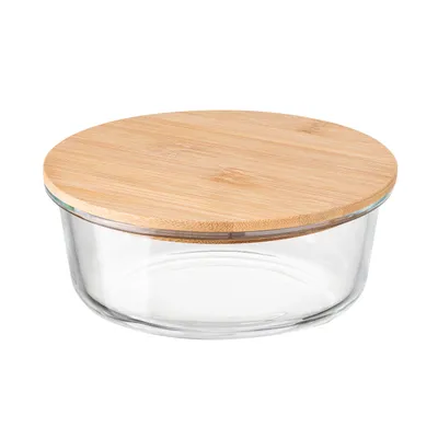 Image de Récipient en verre rond de 970 ml avec couvercle en bambou