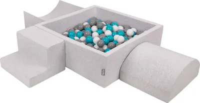 Obrázok produktu pre KiddyMoon Mäkké penové ihrisko pre deti s Štvorec loptičkovým ihriskom (200 ∅ 7 cm) s mäkkými prekážkami a loptičkovým bazénom,  vyrobené v EÚ, Svetlo šedá:Grey/Biela/Tyrkysová, Verzia 6