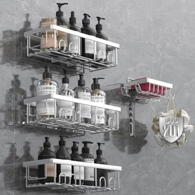 Produktbild von PromoHome® Selbstklebendes Duschregal-Set – 4 Stück, Edelstahl, Schwarz, 28x12x7 cm, ohne Bohren