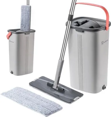 Obrázek produktu pro Plochý mop s odvodem vody a dvojitým kbelíkem pro čištění podlah – ekologická čisticí sada s ergonomickou rukojetí