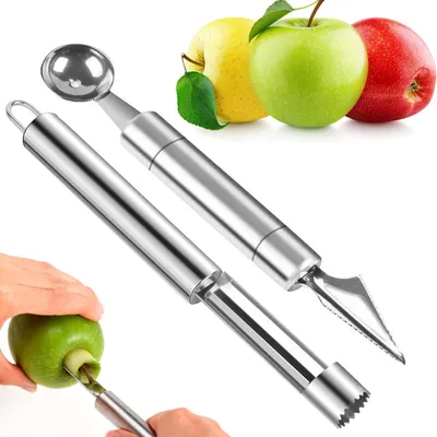 Productafbeelding van Fruitgereedschapset - 2-delig, van roestvrij staal - Geschikt voor fruitsalades en decoratie - Melonenuitsteker en appelpit verwijderaar