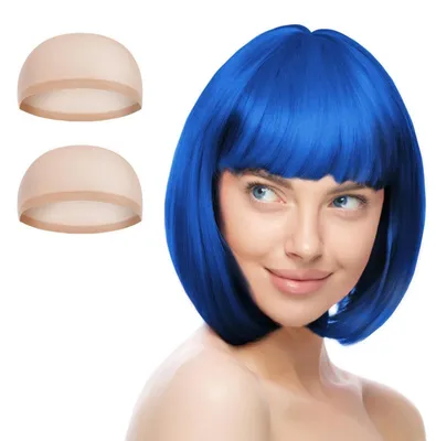 Produktbild von Kurze Bob Perücke mit Haarnetz, Neon-Bob-Perücke mit Pony, Cosplay für Party & Halloween, Rosérot/Königsblau, 3 Stück