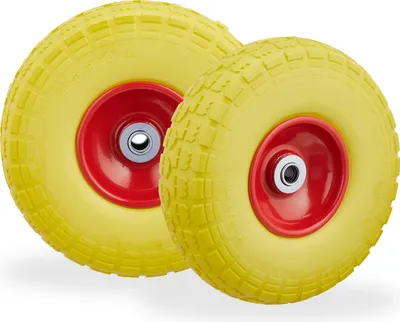 Produktbild von 4 x Sackkarrenrad, pannensichere Vollgummireifen, 4.1/3.5-4, 16 mm Achse, bis 150 kg, H x D: 26 x 8,5 cm, gelb/rot