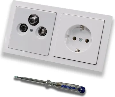 Produktbild von Busch Jäger SET: Unterputz 3-Loch Dose 47-2150 MHz, Enddose Stichdose, Radio/TV/SAT-Kompatibilität inkl. Future Linear Studioweiß Rahmen + Steckdose 20EUC-84 + EBROM Phasenprüfer zur Montage d. Geräte