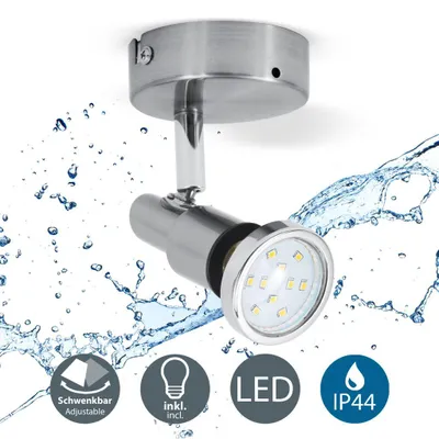 Immagine prodotto di Faretto LED da soffitto o parete orientabile, plafoniera bagno, include lampadina GU10 da 5W, luce calda 3000K, 400Lm, applique resistente agli schizzi d'acqua IP44, metallo color nickel opaco, 230V