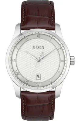 A studio shot of a BOSS men's watch with a brown leather strap and a white dial.
