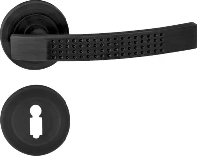 A black door handle set with a round rosette, shown against a white background.