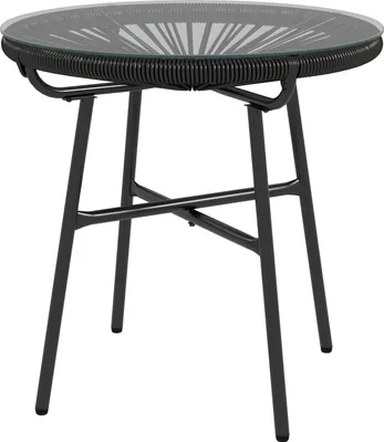 Produktbild von Rattan Beistelltisch Bistrotisch, Kaffeetisch mit Glastischplatte, Rund, für Terrasse, Balkon, Schwarz, 50x50x50cm