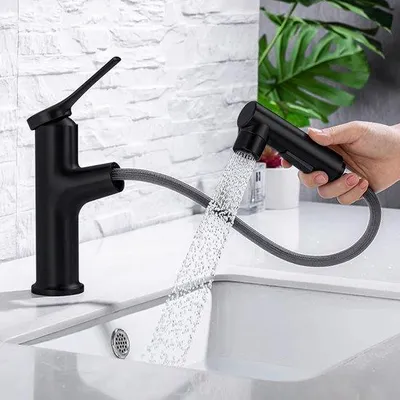 Produktbild von Unyqoos® Schwarze Waschtischarmatur mit ausziehbarer Brause (Kontergewicht), 3 Wasserfunktionen, abnehmbarem Perlator, Edelstahl 304 & hitzebeständiges ABS, einfache Montage