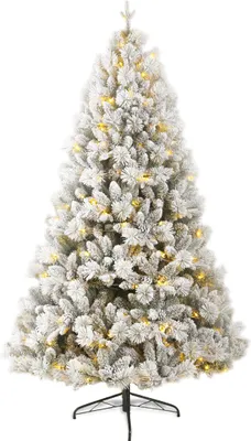 A flocked artificial Christmas tree with warm white LED lights, standing on a black metal stand against a white background.