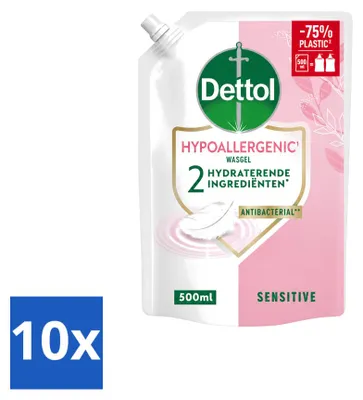 Imagen del producto de 10 unidades de recambio de jabón líquido para manos Dettol, hipoalergénico, para piel sensible, 500 ml. Paquete económico