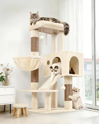 Image de Arbre à chat de grande taille, 116 cm de hauteur, poteaux de 8 cm d'épaisseur, couleur beige, avec plateforme de repos
