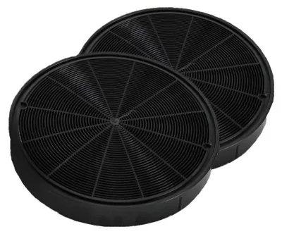 Two black circular carbon filters are shown from a slightly elevated angle against a white background.