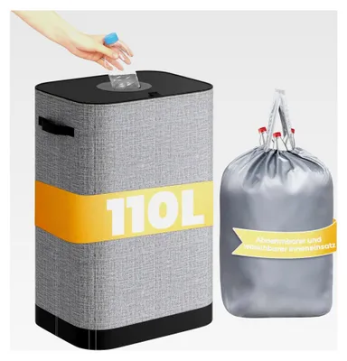 Produktbild von 110L Pfandflaschen Sammelbehälter mit Deckel, großer Behälter für Pfandflaschen mit Tragetasche, Flaschensammler für Leergut und Altglas, Aufbewahrungsorganizer für Küche und Abstellraum, grau
