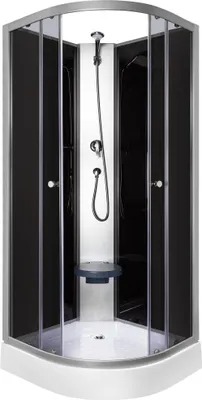 Produktbild von Kerra Evora 90x90cm Duschkabine mit Sitz, Duschset und Duschwanne, 4mm ESG Sicherheitsglas, Frontscheiben hellgrau, Heckscheiben schwarz