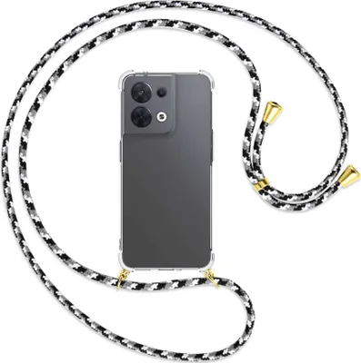 Produktbild von Handykette Backcover-Schutzhülle mit Band (Metall goldfarben) für Oppo Reno8 5G (CPH2359, 6.4'') - schwarz/grau/weiß