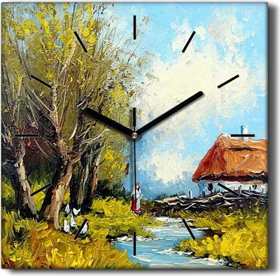 Produktbild von Coloray Hodiny Unikátní 30x30 cm  Tiché hodiny Pro obývací pokoj a kuchyň Nástěnné hodiny Plátno Černé ručičky hodin - Vesnice stromových mraků