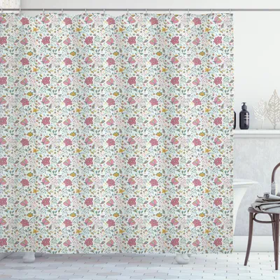 Produktbild von ABAKUHAUS Blumen Duschvorhang, Spitz Petals Blumen detaillierte Ornamente, 175 x 180 cm, Mehrfarbig Rosa