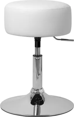 A white stool with a chrome base and adjustable height.