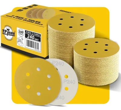 Immagine prodotto di Dischi abrasivi da 150 mm, 6 fori, grana 240, con sistema di fissaggio a velcro, confezione da 100 pezzi, adatti per levigatrici eccentriche, per legno, metallo e carrozzeria