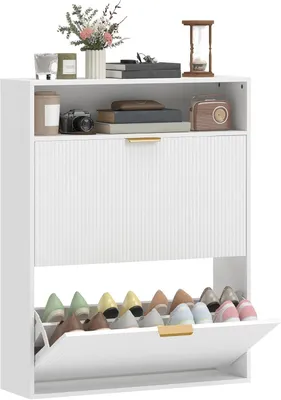 Produktbild von Schuhschrank mit 2 Klappen und 2 Türen für 12–16 Paar, 80x24x102,5cm, Weiß | Schmaler Schuhkipper mit Ablagefläche für Flur und Eingangsbereich