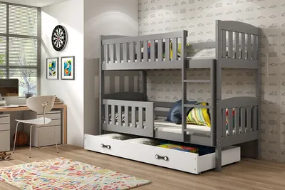 A bedroom scene featuring a grey bunk bed with storage drawers, a desk, and a rug.