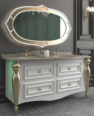 Produktbild von Casa Padrino Luxus Barock Badezimmer Set Weiß / Grau / Gold - 1 Waschtisch mit 4 Schubladen und 2 Waschbecken und 1 Wandspiegel - Prunkvolle Badezimmermöbel