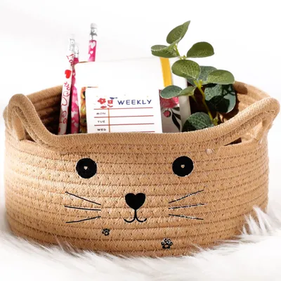 Imagen del producto de Cesta de almacenamiento con orejas, hecha de cuerda de algodón, de 21 x 12 cm, ideal para juguetes