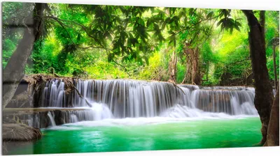 Produktbild von DEQORI Küchenrückwand Glas 100x50 cm 'Wasserfall im Regenwald' Spritzschutz Bad Rückwand