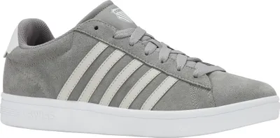 A side view of a gray K-Swiss sneaker with white accents and a white sole.