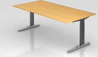 Produktbild von Schreibtisch Mika | Buche | Graues Gestell poliert | BxT 200x100cm | Arbeitshöhe 65-85cm | höhenjustierbar, 1cm Raster | C-Fuß-Gestell | Rechteckform