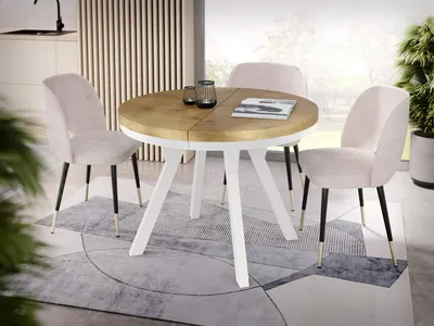 Produktbild von Designer Runder Ausziehbarer Esstisch - Loft-Stil, Industriell, Platzsparend - Weiße Beine - 100 bis 150 cm - für 5-8 Personen - Hergestellt in EU - Lancelot Eiche - 150 cm