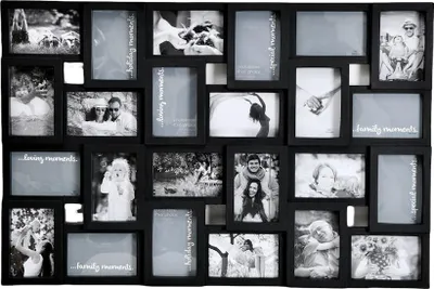 Produktbild von XL Collage Bilderrahmen für 24 Fotos 10 x 15 cm und 15 x 10 cm Schwarz 85,5 x 57 cm Kunststoff 3D Optik Wandaufhängung Hochformat oder Querformat mit Kunststoffabdeckung einfacher Bildwechsel