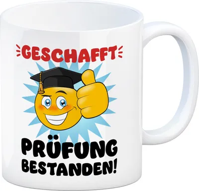 Produktbild von Prüfung bestanden Kaffeebecher mit Spruch Geschafft Prüfung bestanden