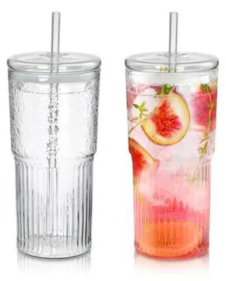 Image de Gobelet en verre grand format avec couvercle et paille, lot de 2, 650 ml, transparent