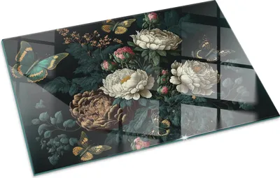 Produktbild von Florales Muster mit Schmetterlingen – Glasbodenplatte für – Kaminofen – Kaminplatte Glas – Schutzglas – Funkenschutzplatte –Glasbodenplatte Feuerfeste – Hitzeschutzplatte – Bodenschutz aus Glas – 100x70 cm