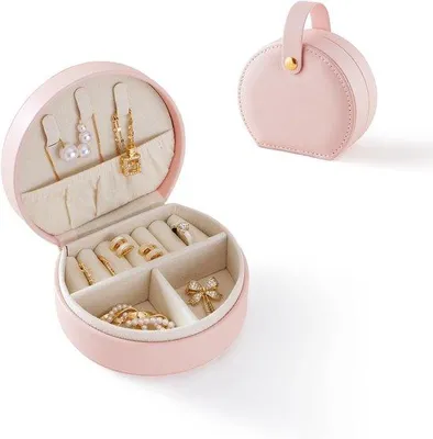 Produktbild von Kleiner halfrunder Reise-Schmuck-Organizer - Für Ketten, Ringe und Ohrringe - Wichtiger Reise-Schmuck-Organizer für Frauen - Rosa