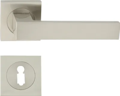 A door handle set with a square escutcheon plate.