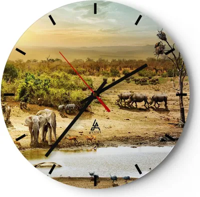 Produktbild von Wanduhr - Rund - Glasuhr - Safari Tiere - 30x30cm - Schleichendes Uhrwerk - Lautlos - zum Aufhängen bereit - Dekoration Modern - Wanddekoration aus Glas - C3AR30x30-3880