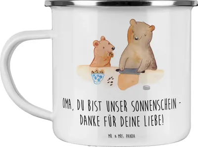 Produktbild von Mr. & Mrs. Panda Camping Emaille Tasse Oma Sonnenschein - Weiß - Geschenk, Dankbarkeit, Liebe, wandertasse, Danke sagen, Aufmerksamkeit, Bedanken, Wertschätzung, Familie