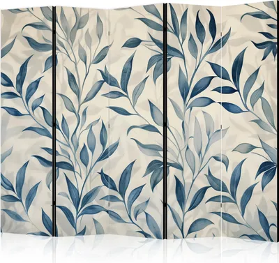 Produktbild von 5-teiliger Doppelseitiger Vlies Paravent - Leaves in Blue Colors - Delicate Botanical Motif 225x172 cm Blumen f-H-10012-z-b