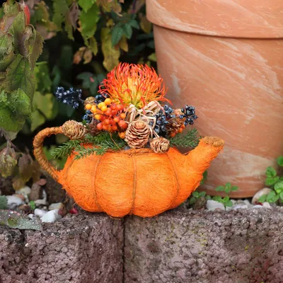 Produktbild von Pflanzkanne im Kürbisdesign für Herbstdeko und Tischarrangements