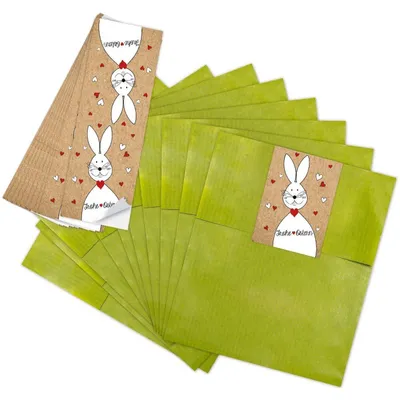 Produktbild von 25 kleine grüne Papiertüten Ostertüten Geschenktüten 13 x 18 cm + 25 Banderolen Osteraufkleber 5 x 15 cm Ostern Osterhase rot weiß Herz Verpackung Aufkleber Frohe Ostern zum BefüllenOsterhase braun mit Herzen / 10 Stück