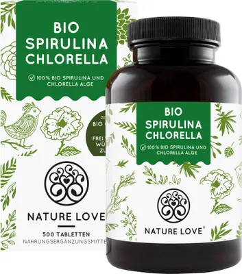 Produktbild von Nature Love®  Spirulina +  Chlorella | 500 Tabletten | mit 500 mg pro Pressling | ohne Zusätze | hochdosiert | vegan