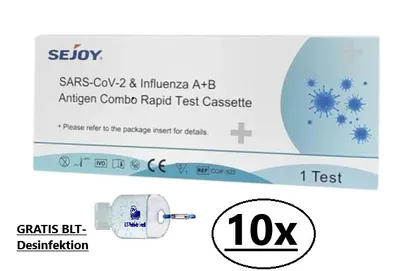 Produktbild von 3 in 1 Sejoy Influenza A+B Antigen Combo Covid & Grippe-Schnelltest Kombi Test Schnellst Laientest Antigen | CE 2934 | + 30 ml BLT - Desinfekt