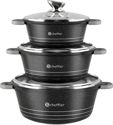 Produktbild von Scheffler Topfset mit Glasdeckel, 24cm,4L/28cm,6L/32cm,10L, Kochtopf Set Induktions Töpfe Set, mit Antihaftbeschichtung, Töpfe kochtöpfe Induktion, Spülmaschinengeeignet, Schwarz RH-TG16242832