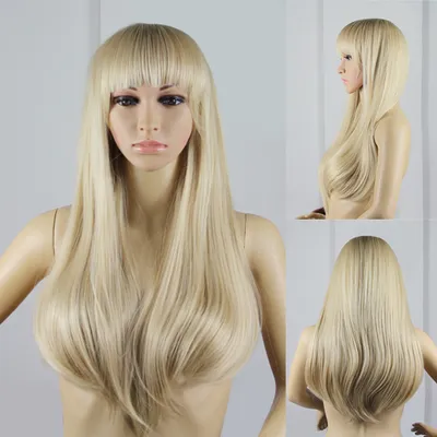 Produktbild von Modern Lady Golden Tone Ordentliche Pony Lange Gerade Volle Perücke COSPLAY Club Haarteil