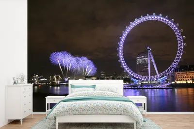 Produktbild von MuchoWow® Fototapete für Wohnzimmer oder Schlafzimmer Wandtapete Vinyl Motivtapete Lila Feuerwerk und ein lila London Eye am Abend in London - 420x280 cm - Zimmer für Kinder