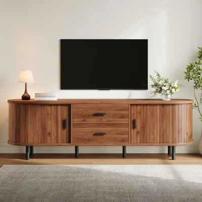 Produktbild von Merax TV Lowboard mit Schiebetüren, 160 cm Fernsehtisch mit 2 Schubladen, vertikale Holzmaserung, schwarze Metallfüße, TV Schrank Wohnzimmer, Nussbaum