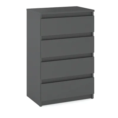 A gray, four-drawer dresser against a white background.
